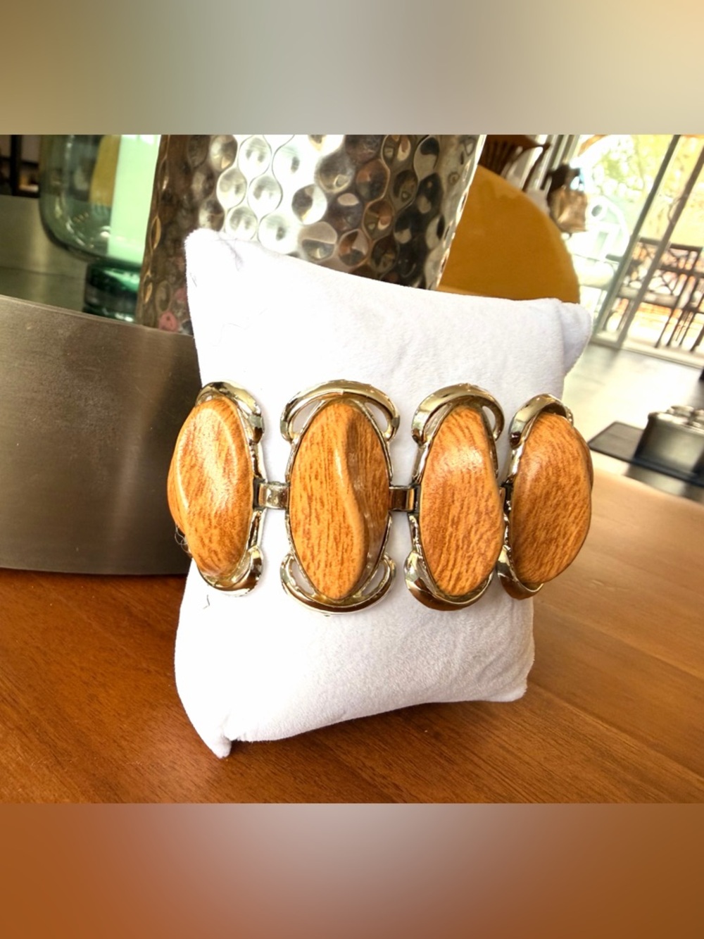 Vintage Silver and Faux Wood Link Bracelet - Picture 7 of 8